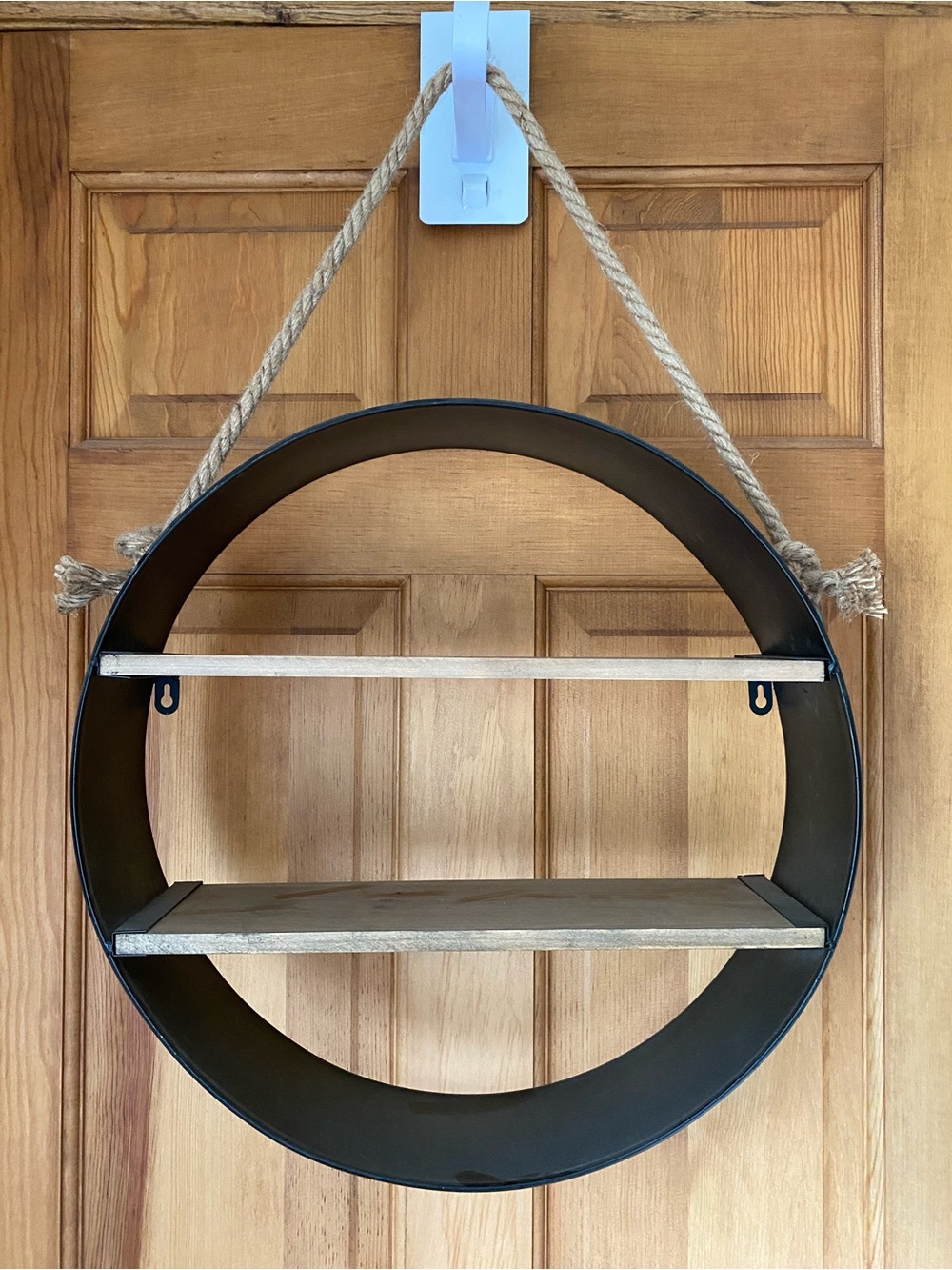 Round Black Metal & Wood Hanging Wall Shelf - Rustic Storage